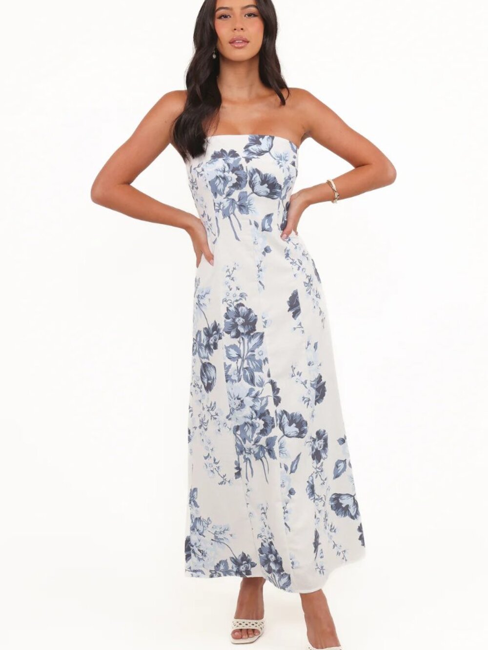 Petal and Pup Tamara Strapless Midi Dress - White Blue - Size Large